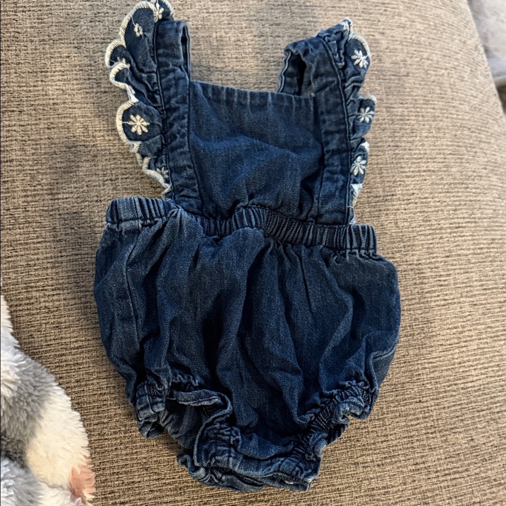 Denim Baby Romper with Embroidered Details